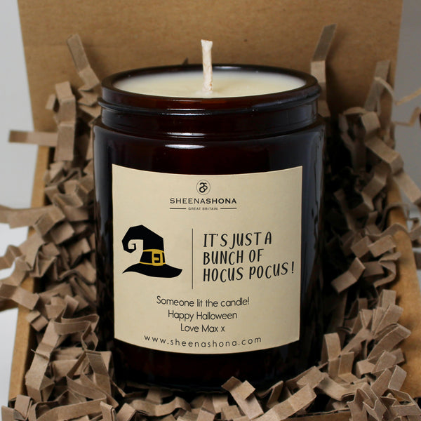 Personalised It's Just A Bunch of Hocus Pocus Halloween Soya Wax Amber Jar Candle