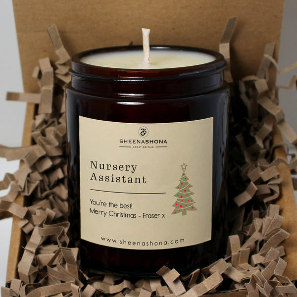 Christmas Personalised 'Nursery Assistant' Soya Wax Amber Jar Candle