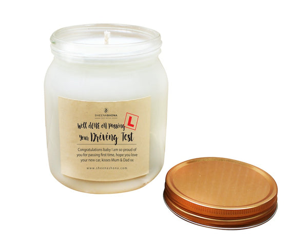 Well Done On Passing Your Driving Test Personalised Soya Wax Large Honey Jar Candle