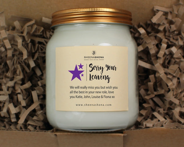'Sorry Your Leaving' Personalised Large Soya Wax Honey Jar Candle