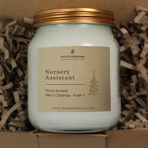 Christmas Personalised 'Nursery Assistant' Soya Wax Large Honey Jar Candle