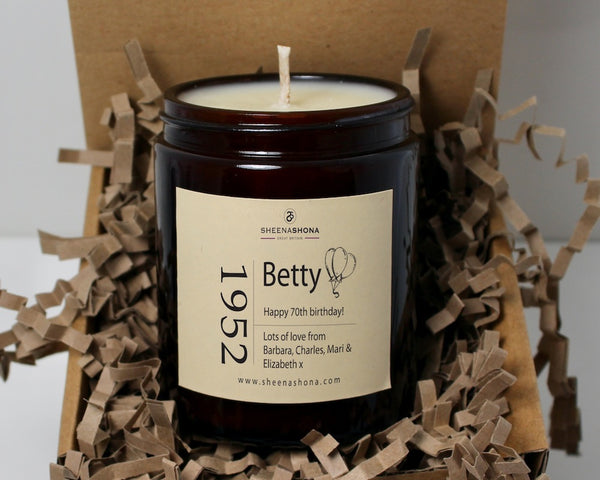 70th Birth Year Happy Birthday Personalised Soya Wax Amber Jar Candle