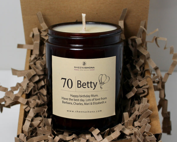 70th Happy Birthday Personalised Soya Wax Amber Jar Candle