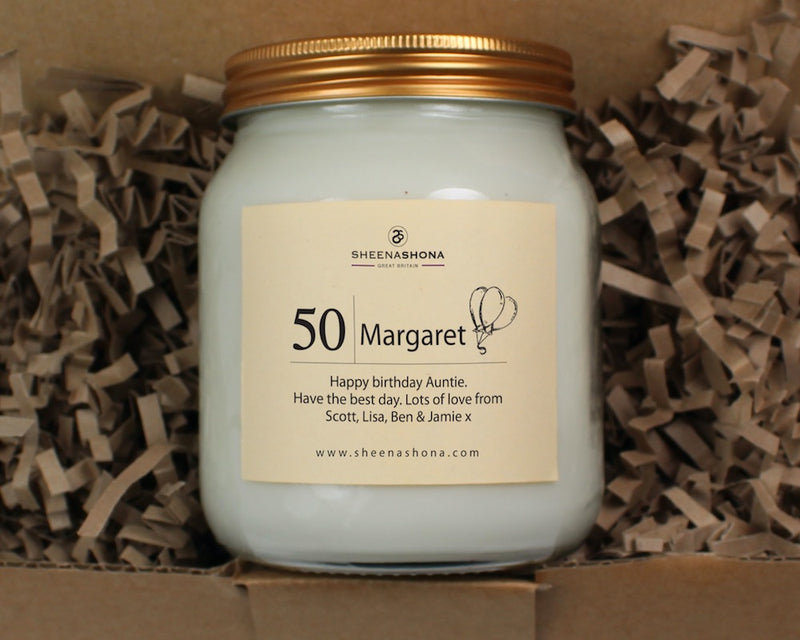 50th Happy Birthday Personalised Soya Wax Large Honey Jar Candle