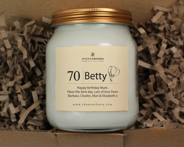 70th Happy Birthday Personalised Soya Wax Large Honey Jar Candle