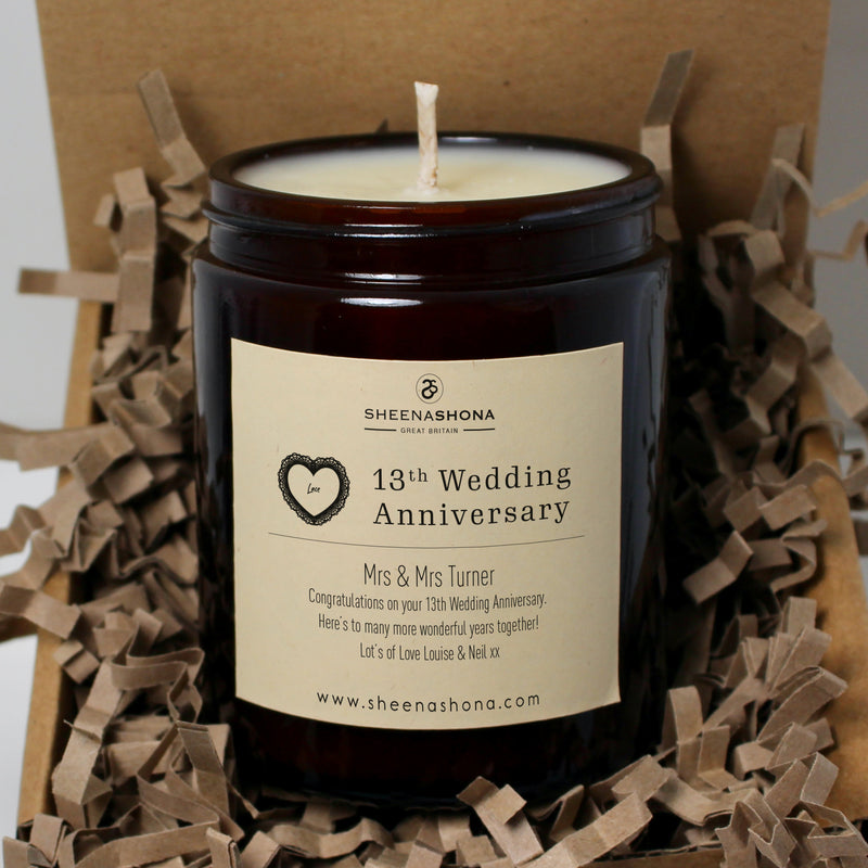 13th Year Lace Wedding Anniversary Amber Jar Candle
