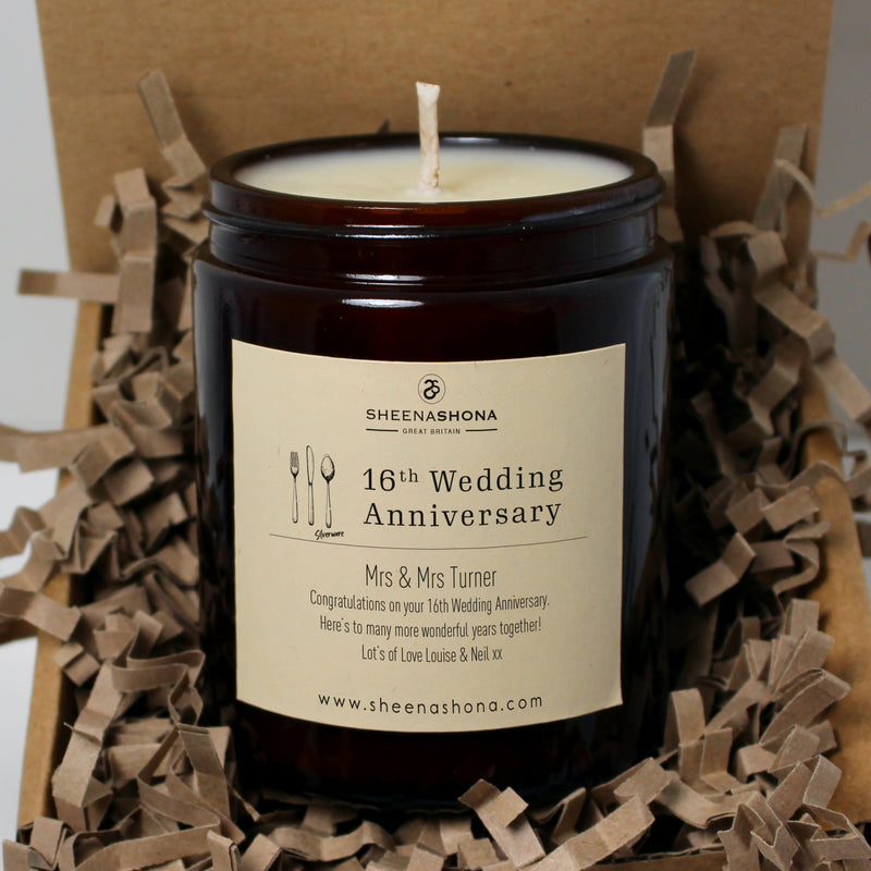 16th Year Silverware Wedding Anniversary Amber Jar Candle