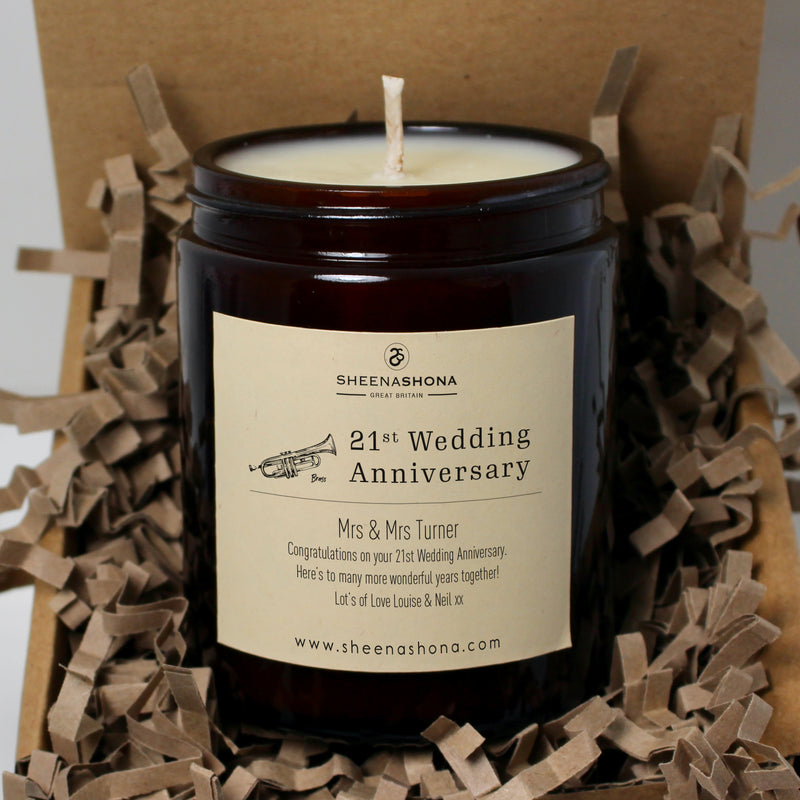 21st Year Brass Wedding Anniversary Amber Jar Candle