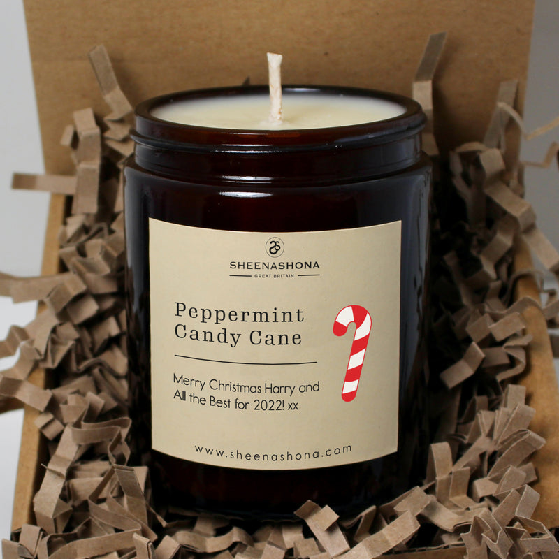 Christmas Personalised Peppermint Candy Cane Soya Wax Amber Jar Candle