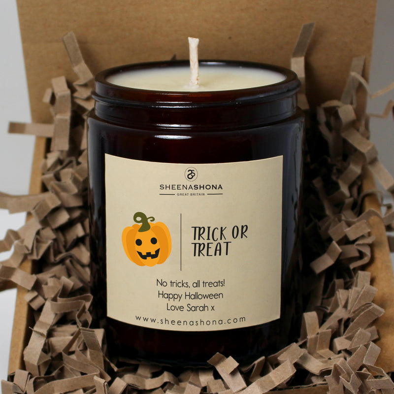 Personalised Trick or Treat' Halloween Soya Wax Amber Jar Candle