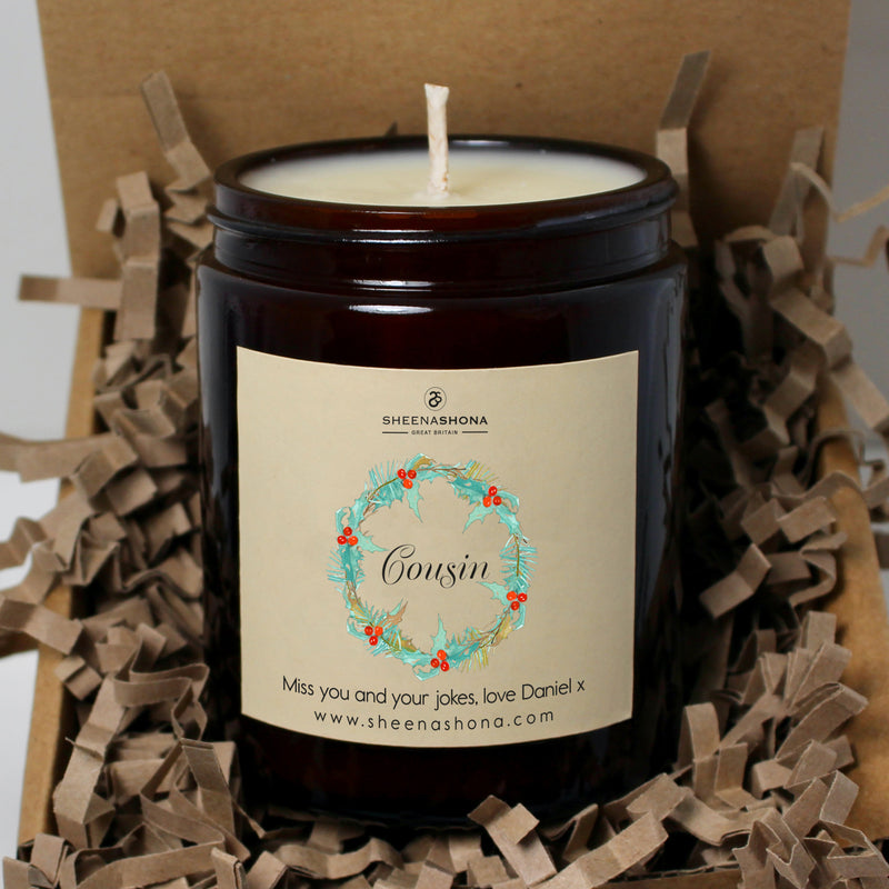 Christmas Personalised 'Cousin' Soya Wax Amber Jar Candle