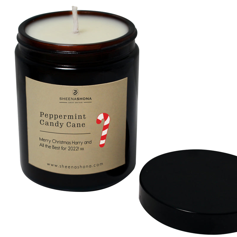 Christmas Personalised Peppermint Candy Cane Soya Wax Amber Jar Candle