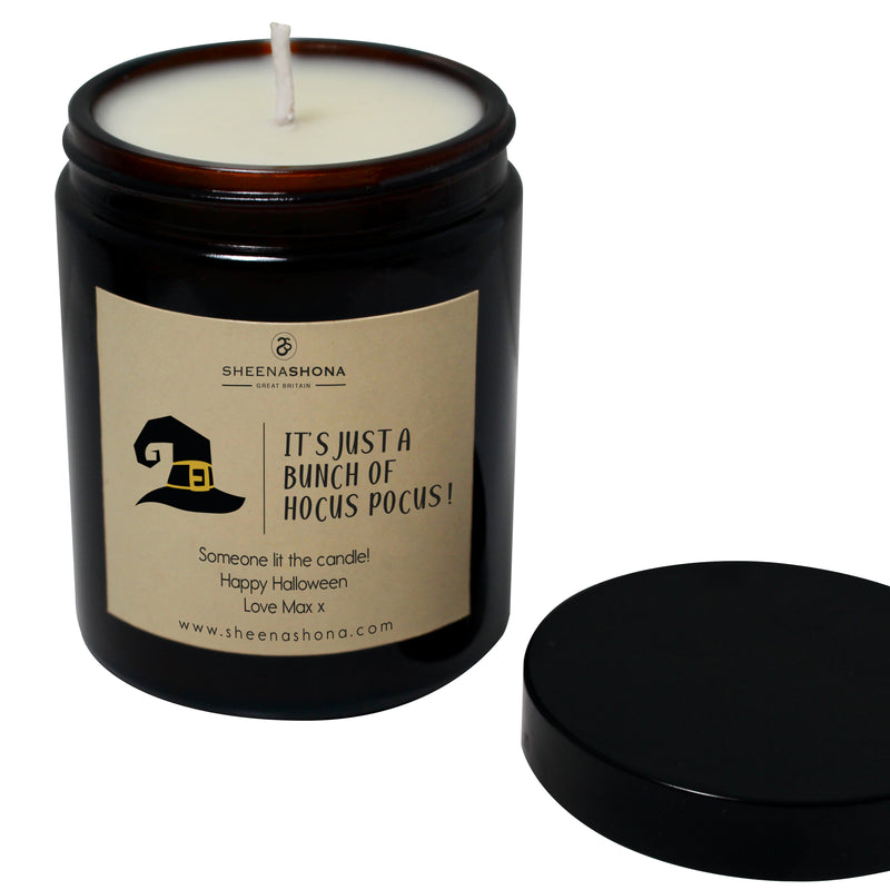 Personalised It's Just A Bunch of Hocus Pocus Halloween Soya Wax Amber Jar Candle