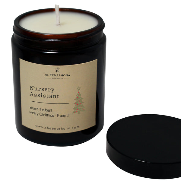 Christmas Personalised 'Nursery Assistant' Soya Wax Amber Jar Candle