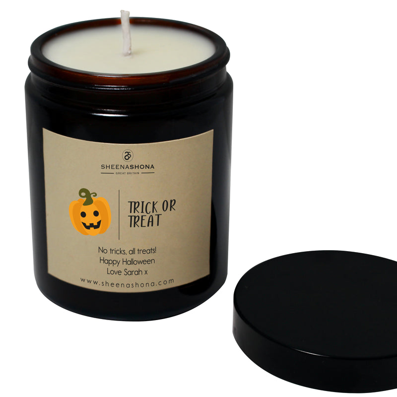 Personalised Trick or Treat' Halloween Soya Wax Amber Jar Candle