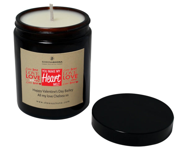 Valentines 'You Make My Heart Melt' Personalised Soya Wax Amber Jar Candle