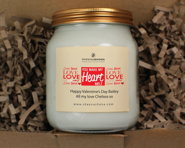 Valentines 'You Make My Heart Melt' Personalised Soya Wax Large Honey Jar Candle
