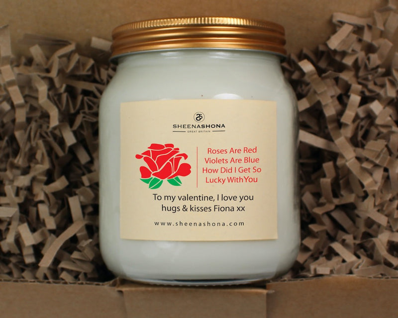 Valentines 'Roses Are Red' Personalised Soya Wax Large Honey Jar Candle