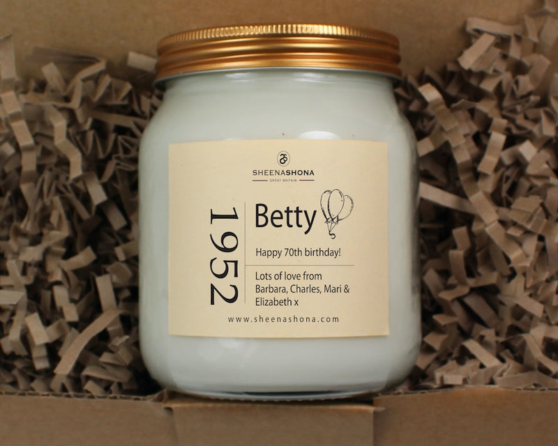 70th Birth Year Happy Birthday Personalised Soya Wax Large Honey Jar Candle