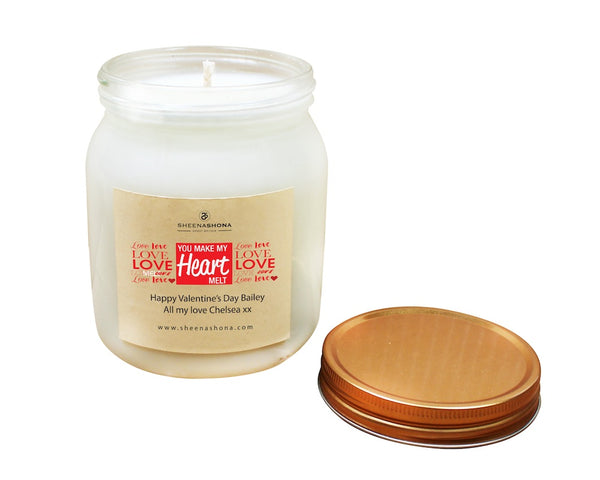 Valentines 'You Make My Heart Melt' Personalised Soya Wax Large Honey Jar Candle