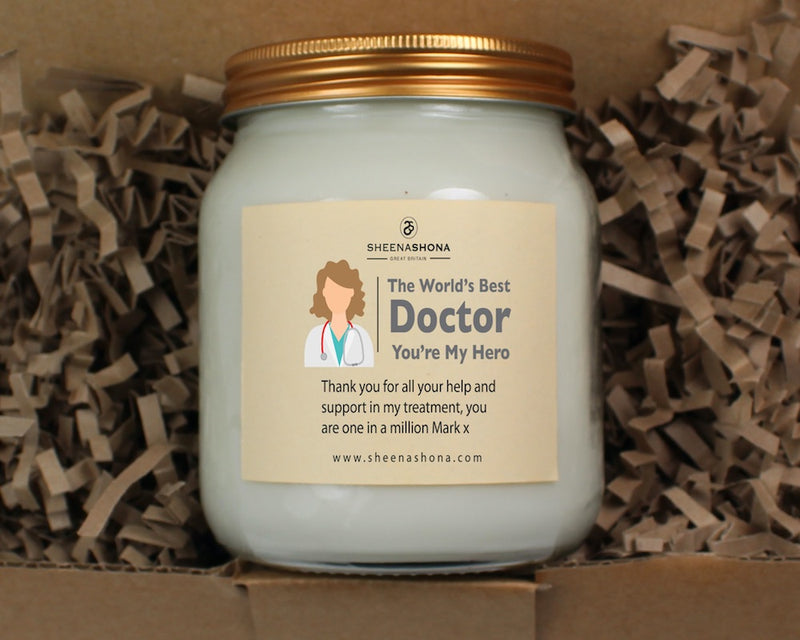 The Worlds Best Doctor, You're My Hero Personalised Soya Wax Large Honey Jar Candle