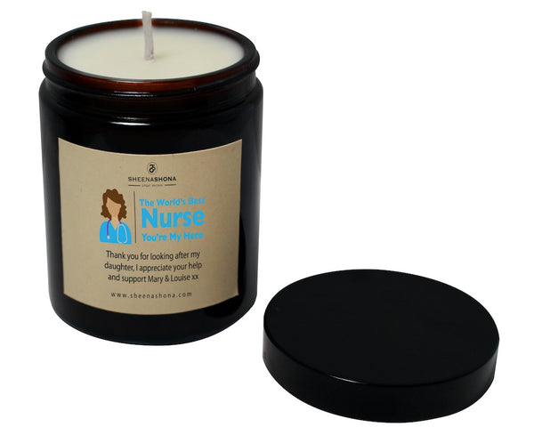 The Worlds Best Nurse, You're My Hero Personalised Soya Wax Amber Jar Candle