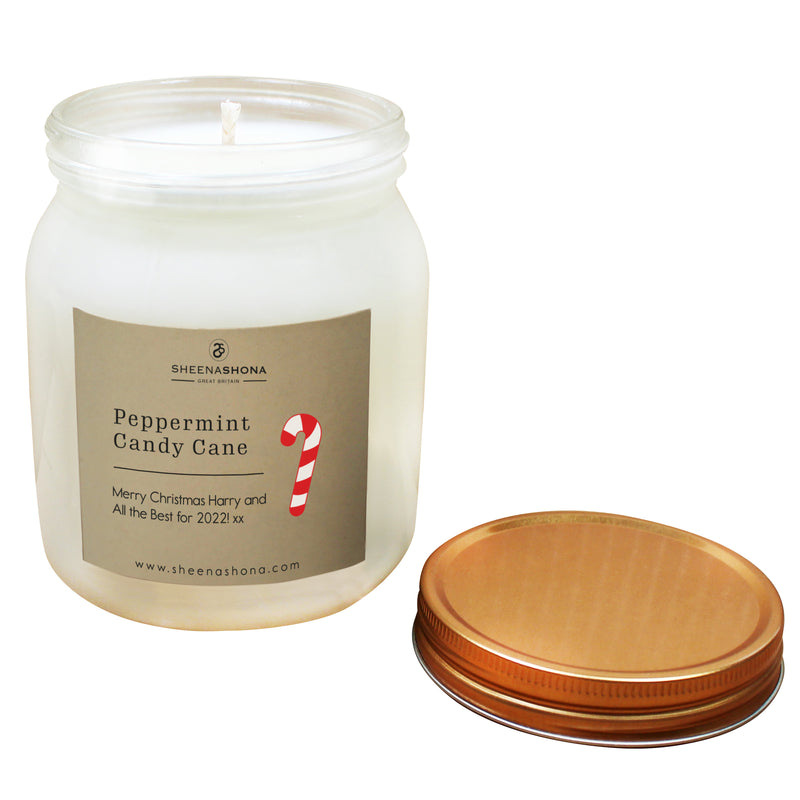 Christmas Personalised Peppermint Candy Cane Soya Wax Honey Jar Candle